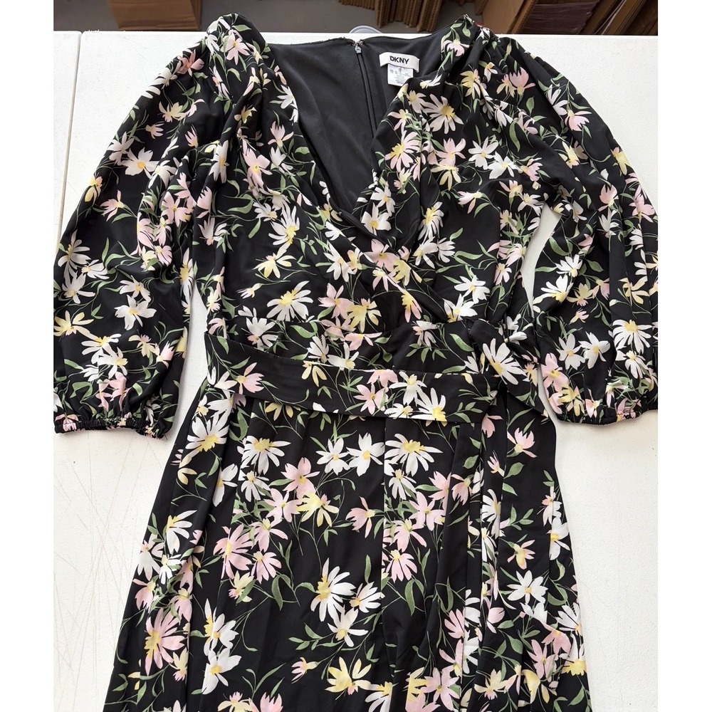 DKNY Black Pink Floral Shirt Dress Size 10 NWT Cotton Tie Waist Midi